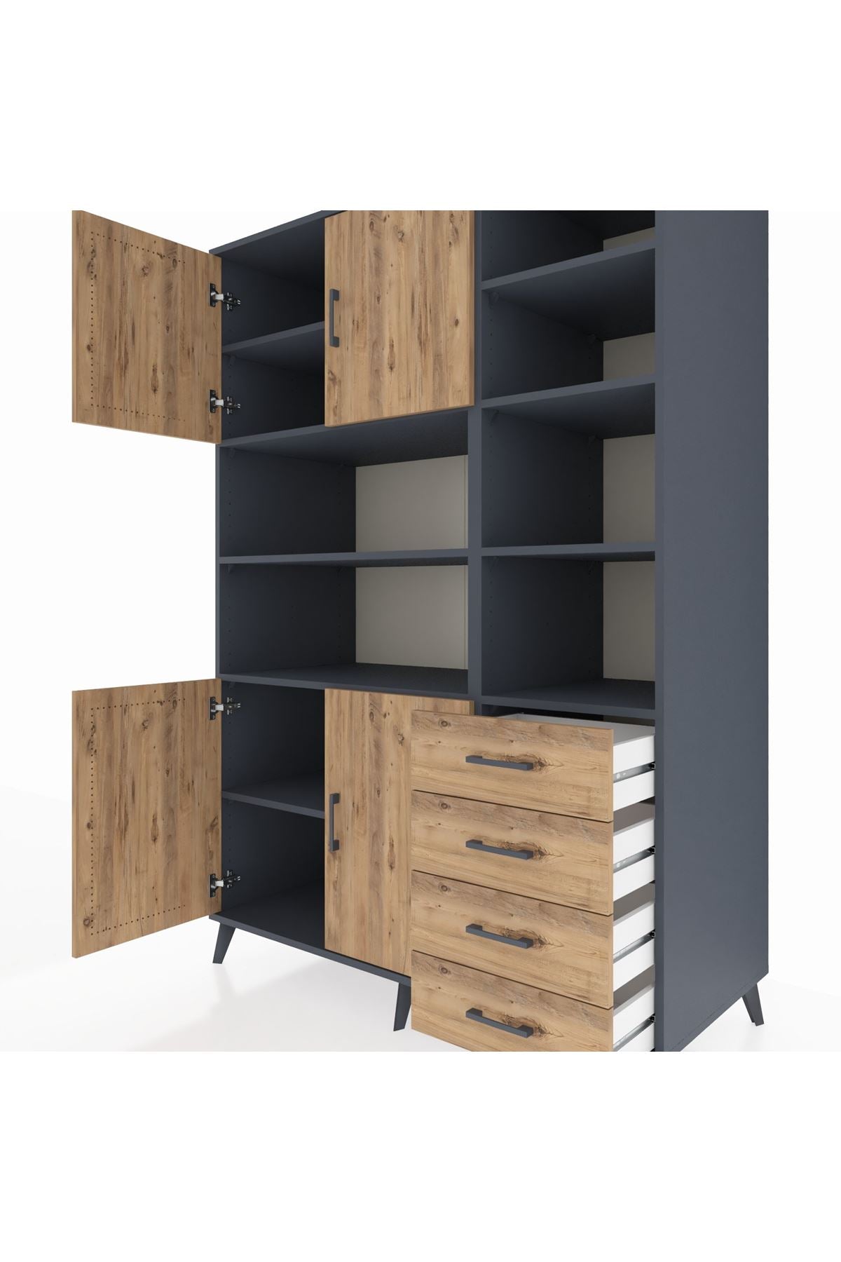 Kronos Dolap 9 Raflı 4 Çekmeceli 4 Kapaklı 132x59x195 Antrasit-Çam/Çam