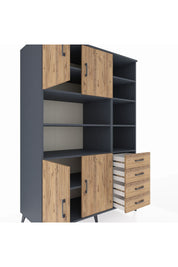 Kronos Dolap 9 Raflı 4 Çekmeceli 4 Kapaklı 132x59x195 Antrasit-Çam/Çam