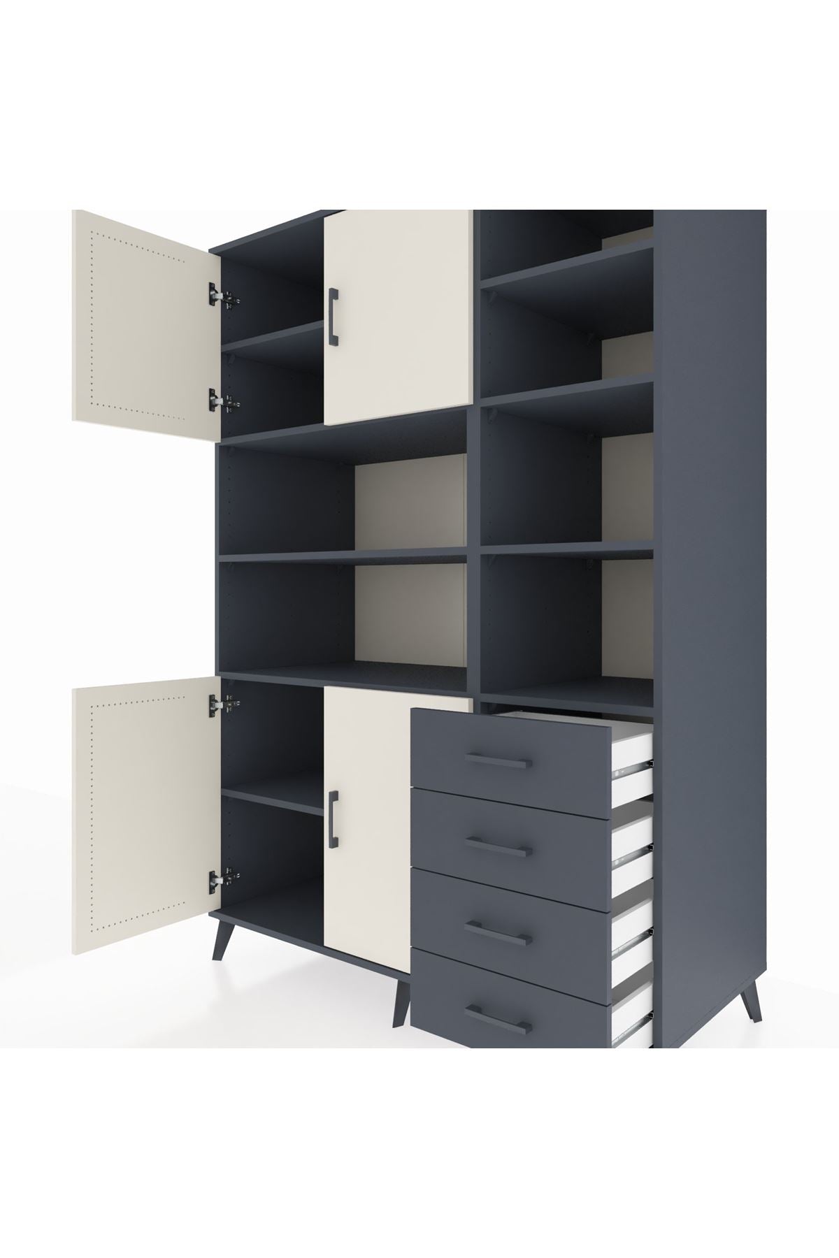 Kronos Dolap 9 Raflı 4 Çekmeceli 4 Kapaklı 132x59x195 Antrasit-Aytaşı/Antrasit