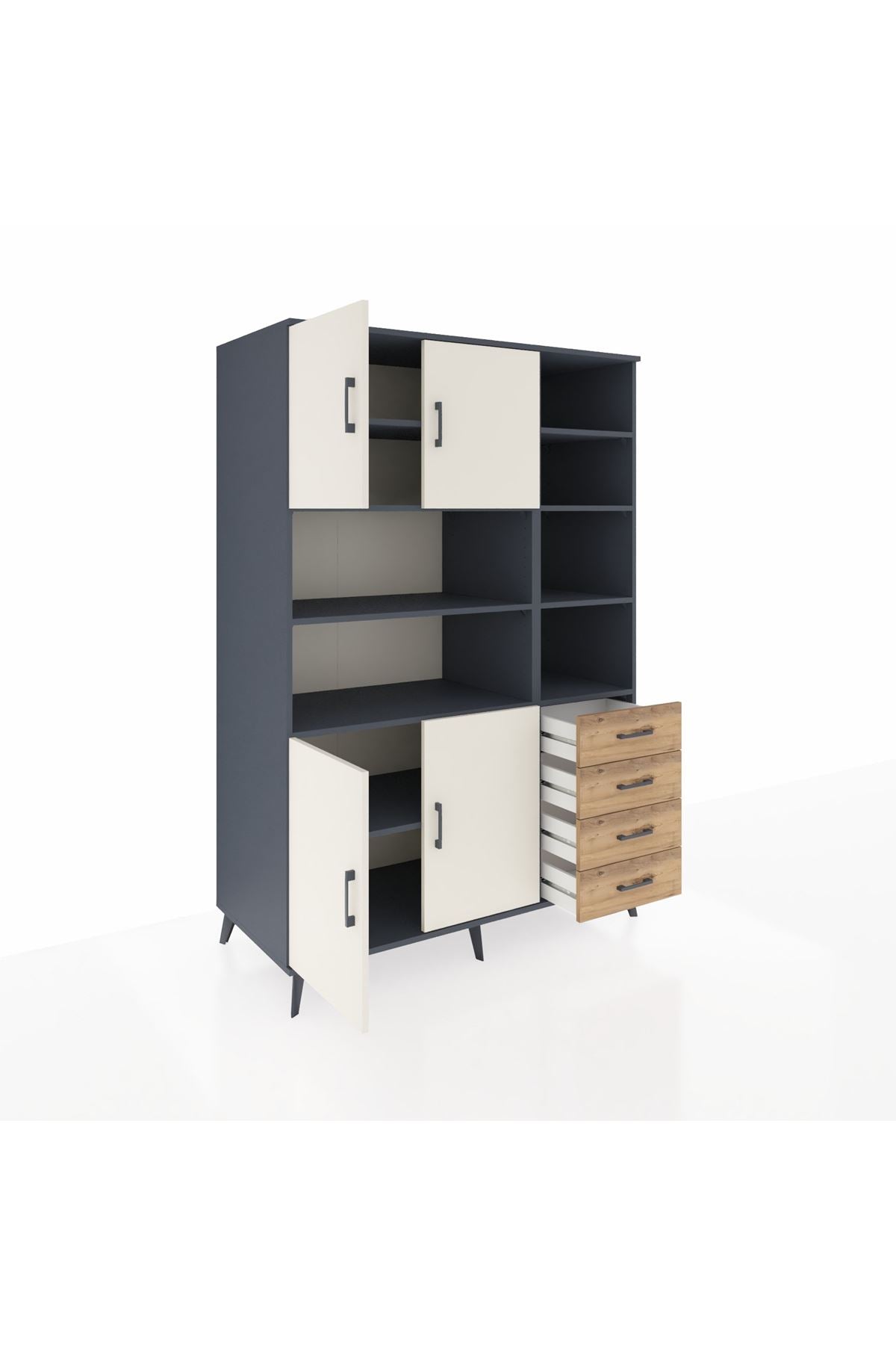 Kronos Dolap 9 Raflı 4 Çekmeceli 4 Kapaklı 132x59x195 Antrasit-Aytaşı/Çam