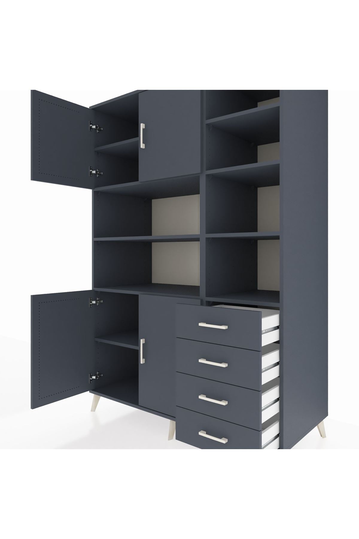 Kronos Dolap 9 Raflı 4 Çekmeceli 4 Kapaklı 132x59x195 Antrasit-Antrasit/Antrasit