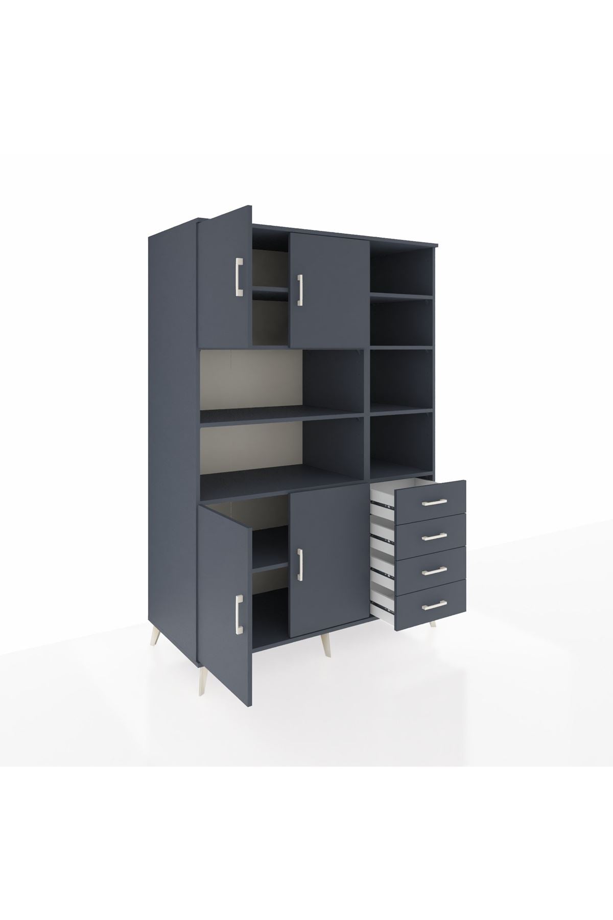 Kronos Dolap 9 Raflı 4 Çekmeceli 4 Kapaklı 132x59x195 Antrasit-Antrasit/Antrasit