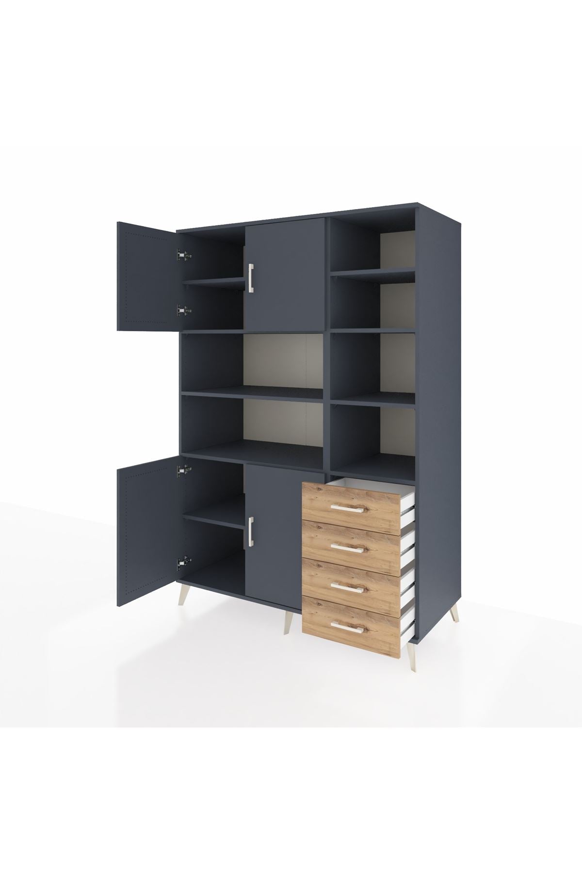 Kronos Dolap 9 Raflı 4 Çekmeceli 4 Kapaklı 132x59x195 Antrasit-Antrasit/Çam