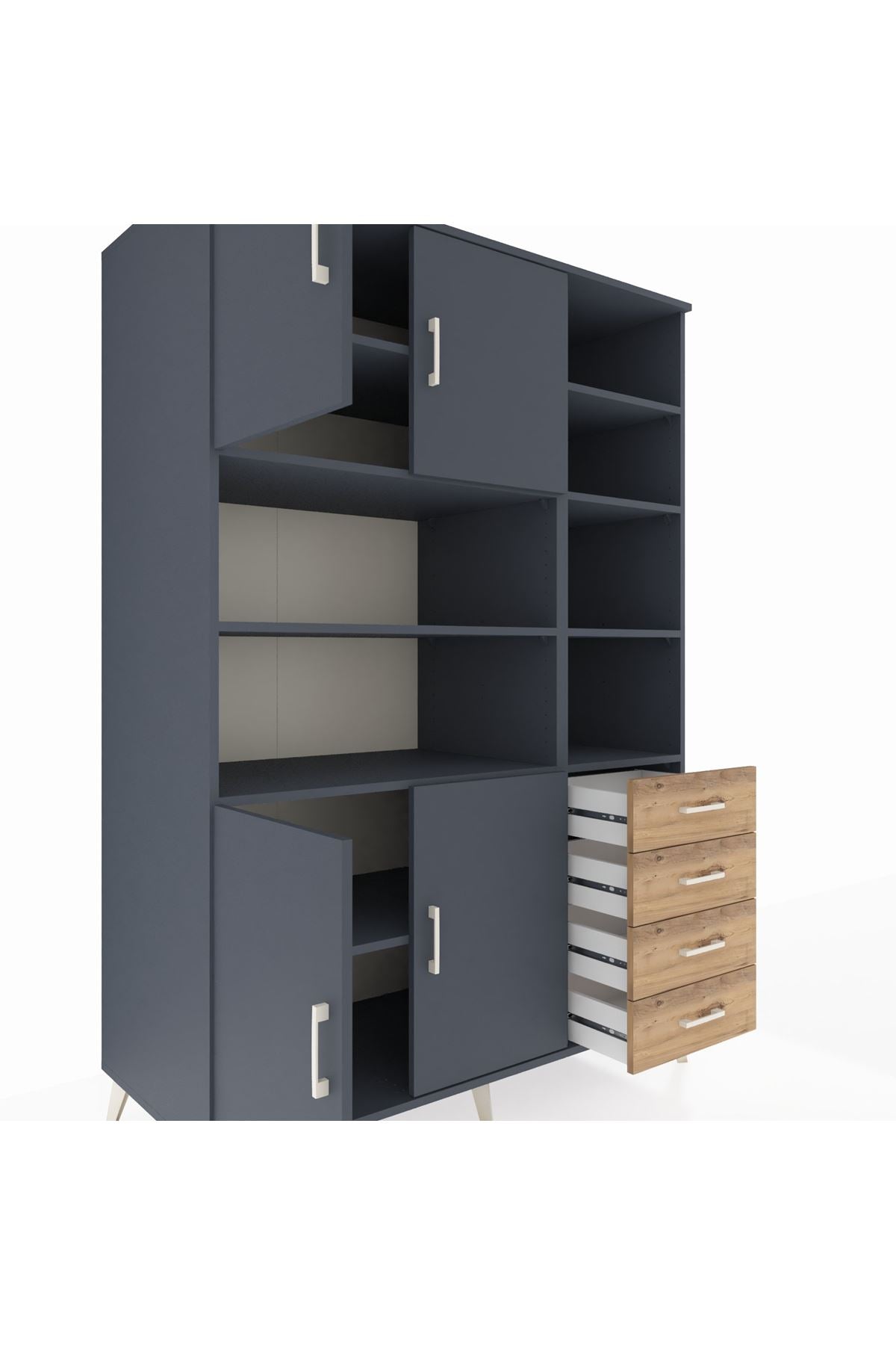 Kronos Dolap 9 Raflı 4 Çekmeceli 4 Kapaklı 132x59x195 Antrasit-Antrasit/Çam