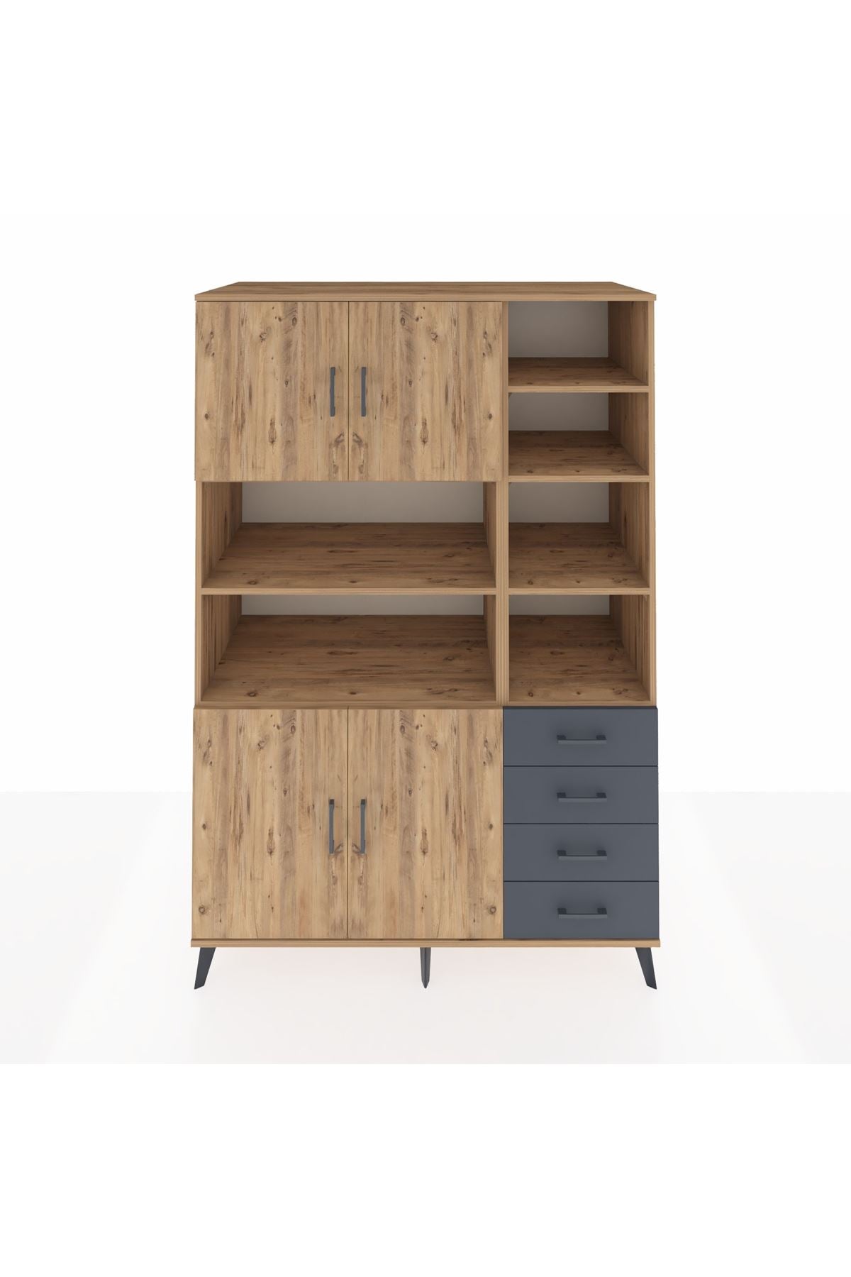 Kronos Dolap 9 Raflı 4 Çekmeceli 4 Kapaklı 132x59x195 Çam-Çam/Antrasit