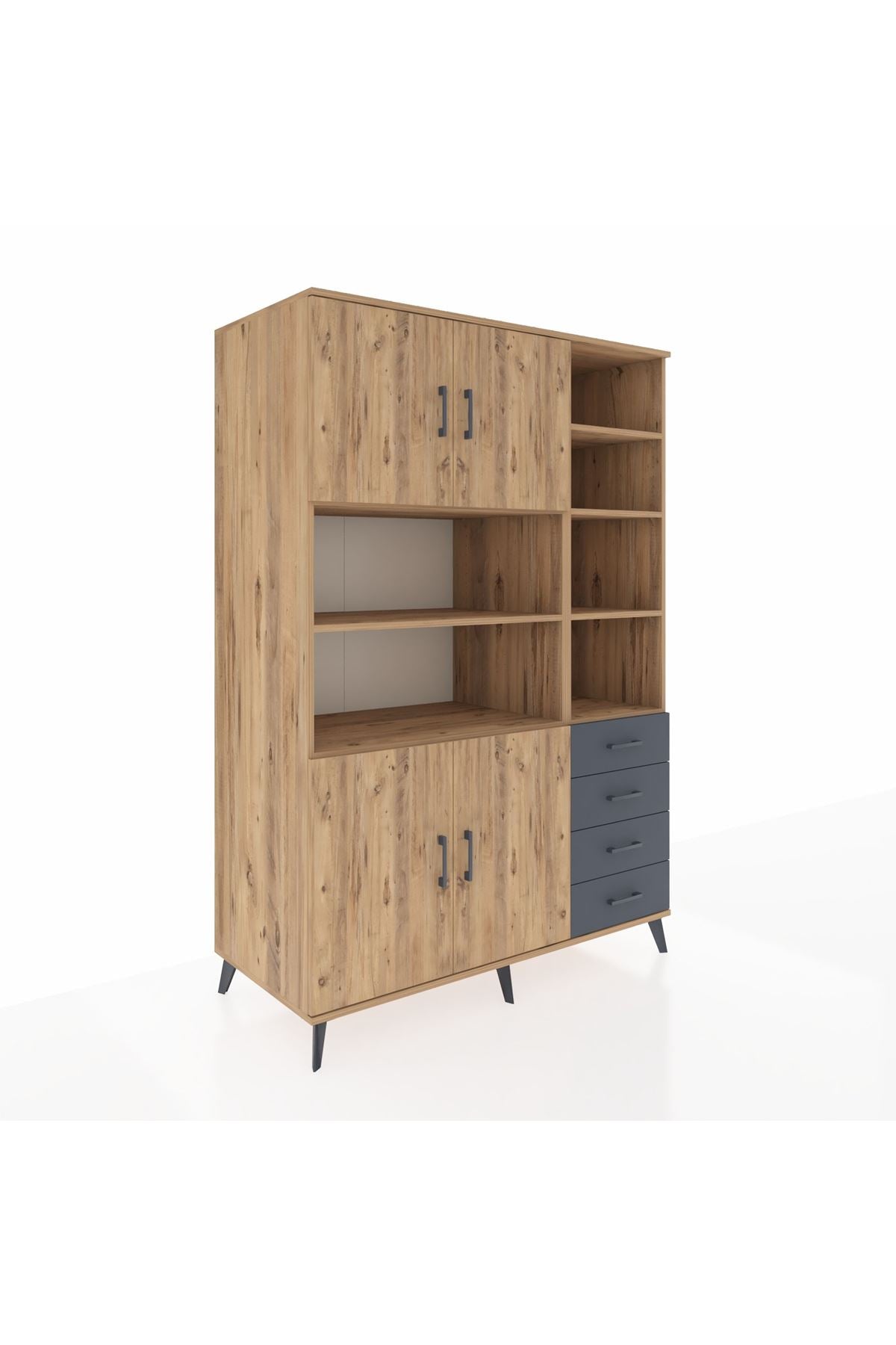 Kronos Dolap 9 Raflı 4 Çekmeceli 4 Kapaklı 132x59x195 Çam-Çam/Antrasit