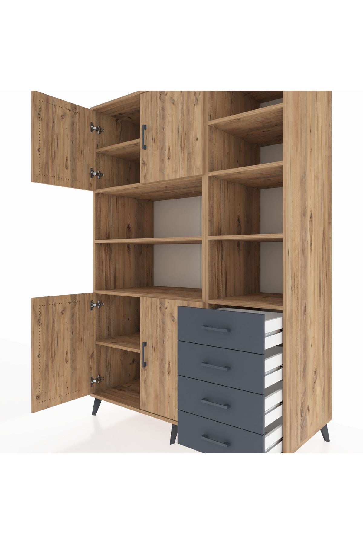 Kronos Dolap 9 Raflı 4 Çekmeceli 4 Kapaklı 132x59x195 Çam-Çam/Antrasit