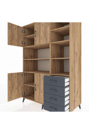 Kronos Dolap 9 Raflı 4 Çekmeceli 4 Kapaklı 132x59x195 Çam-Çam/Antrasit