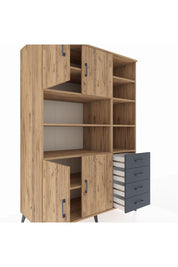 Kronos Dolap 9 Raflı 4 Çekmeceli 4 Kapaklı 132x59x195 Çam-Çam/Antrasit