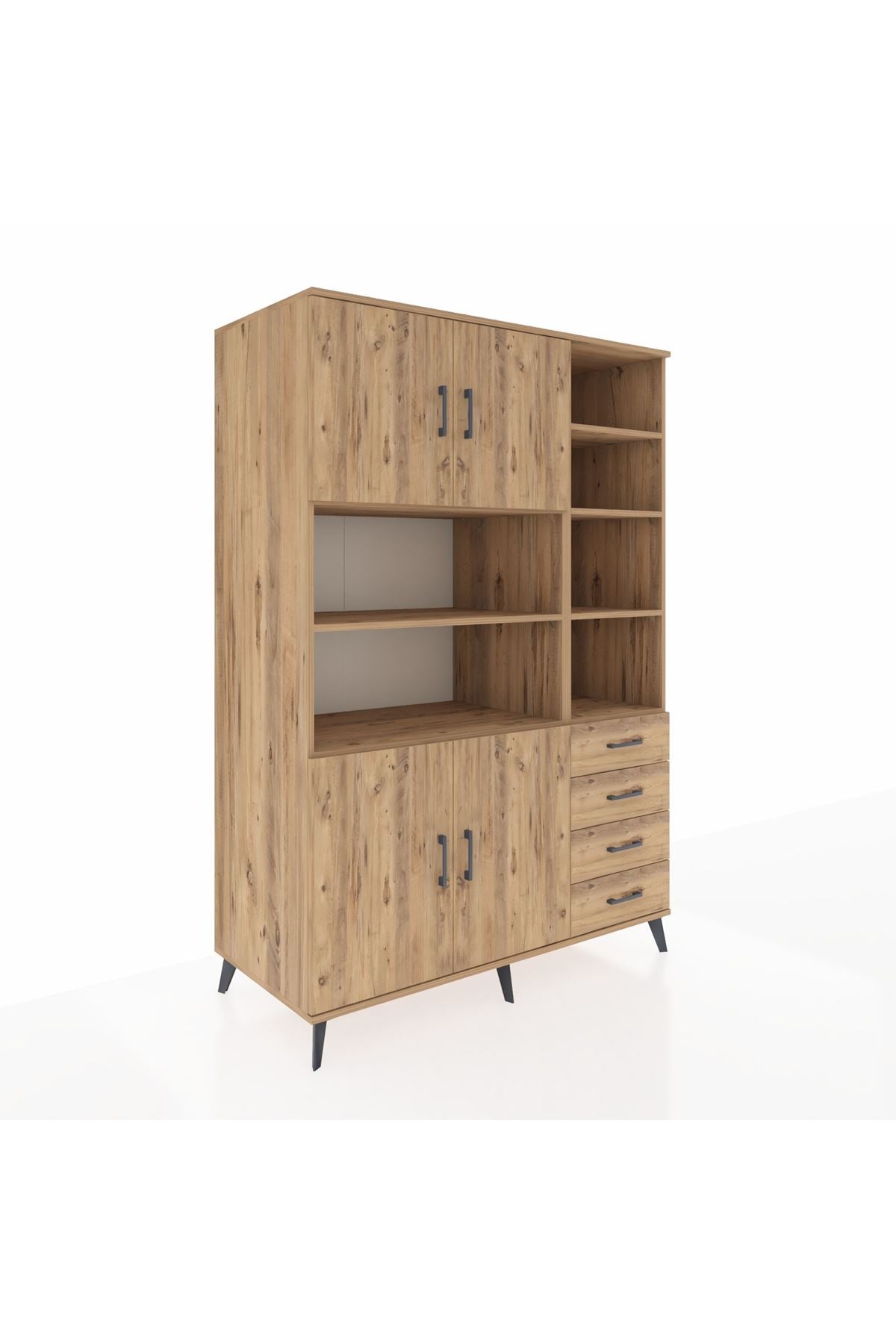 Kronos Dolap 9 Raflı 4 Çekmeceli 4 Kapaklı 132x59x195 Çam-Çam/Çam