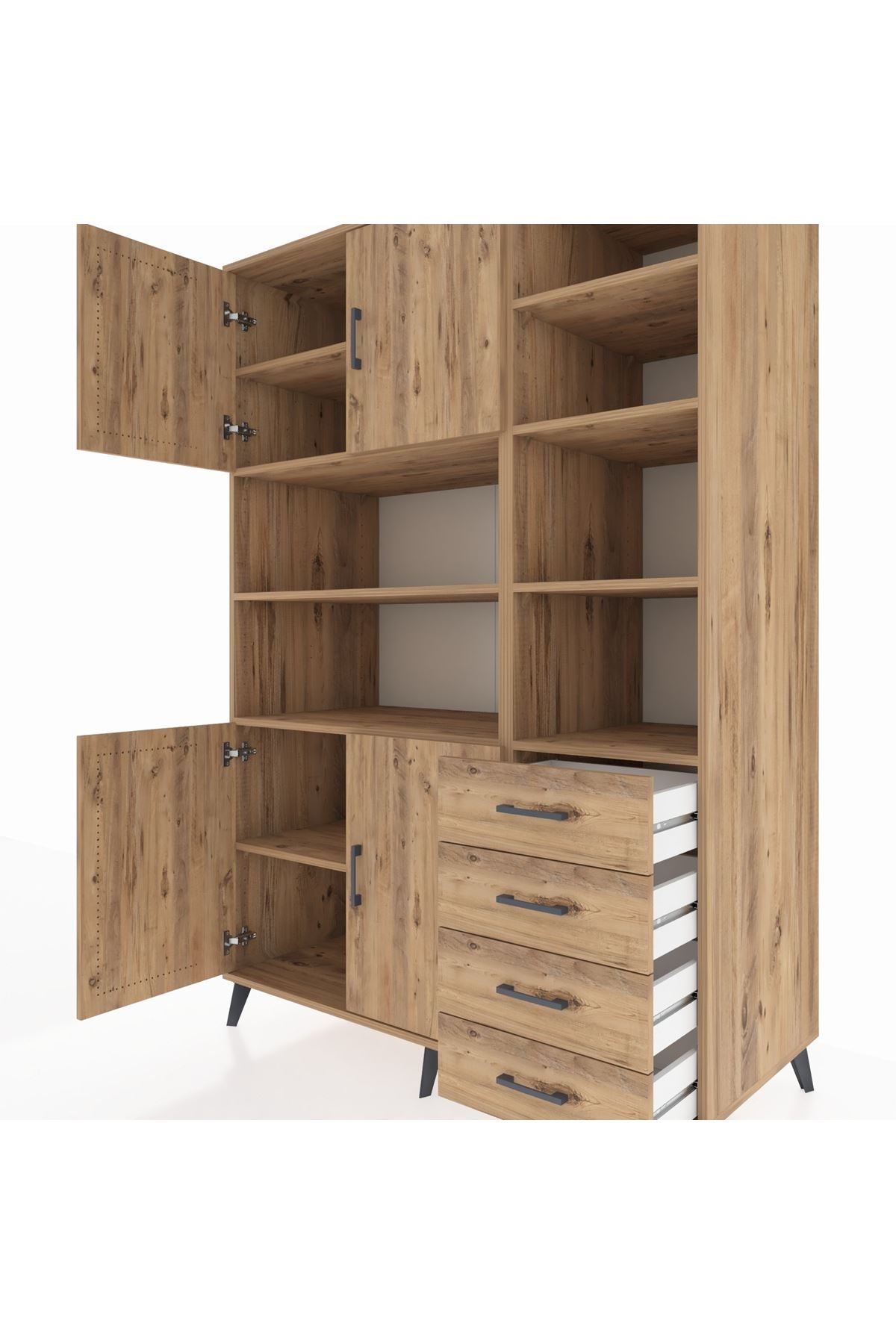 Kronos Dolap 9 Raflı 4 Çekmeceli 4 Kapaklı 132x59x195 Çam-Çam/Çam