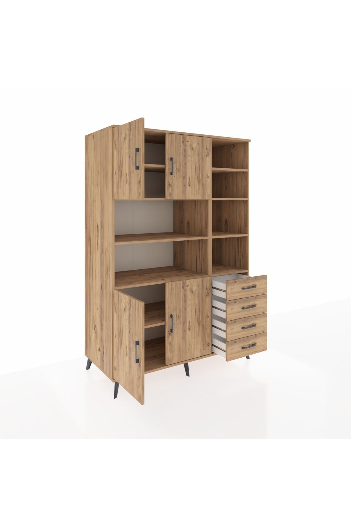 Kronos Dolap 9 Raflı 4 Çekmeceli 4 Kapaklı 132x59x195 Çam-Çam/Çam