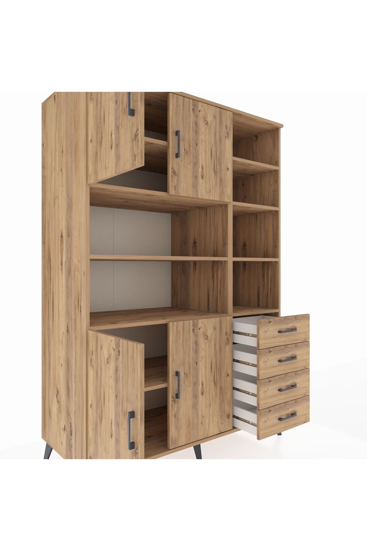 Kronos Dolap 9 Raflı 4 Çekmeceli 4 Kapaklı 132x59x195 Çam-Çam/Çam