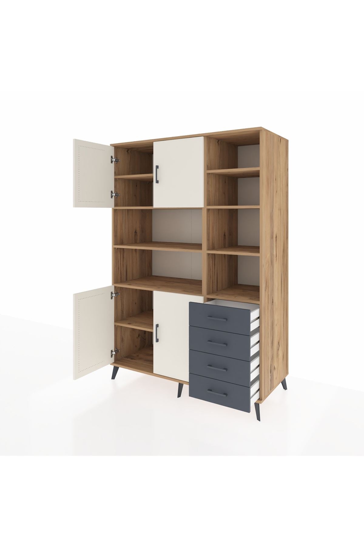 Kronos Dolap 9 Raflı 4 Çekmeceli 4 Kapaklı 132x59x195 Çam-Aytaşı/Antrasit