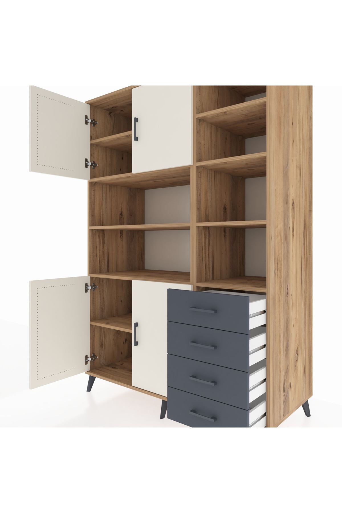 Kronos Dolap 9 Raflı 4 Çekmeceli 4 Kapaklı 132x59x195 Çam-Aytaşı/Antrasit