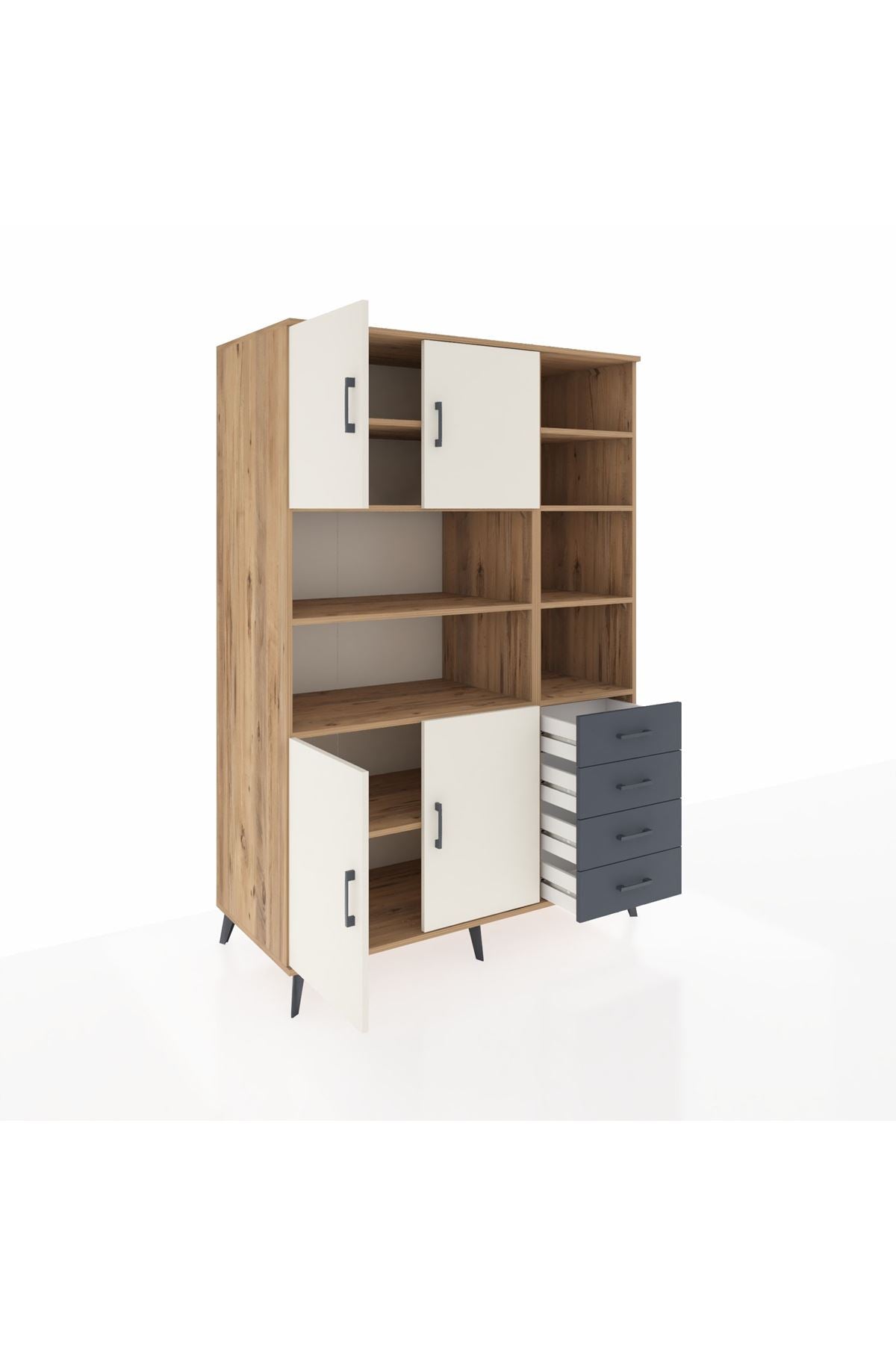 Kronos Dolap 9 Raflı 4 Çekmeceli 4 Kapaklı 132x59x195 Çam-Aytaşı/Antrasit