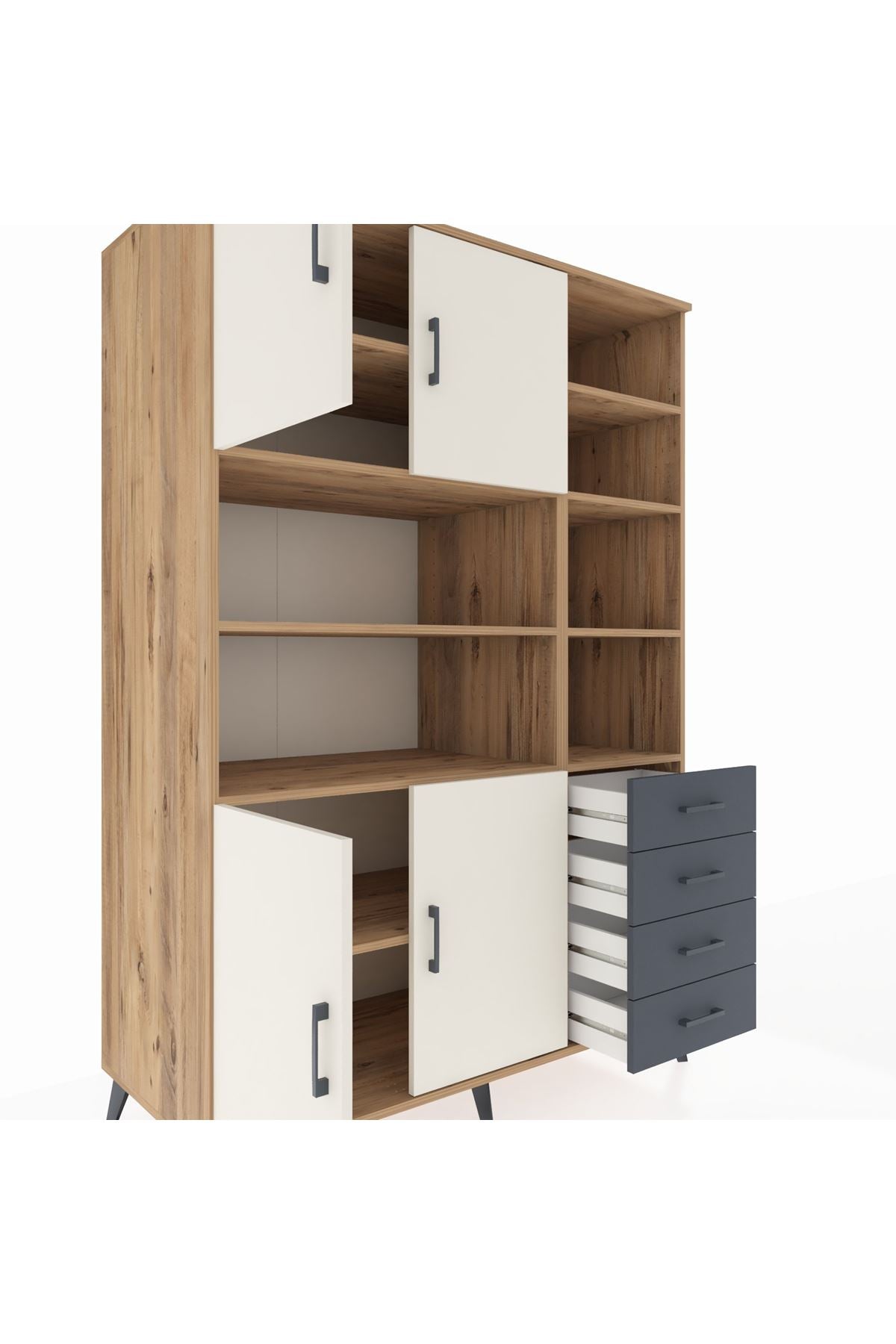 Kronos Dolap 9 Raflı 4 Çekmeceli 4 Kapaklı 132x59x195 Çam-Aytaşı/Antrasit