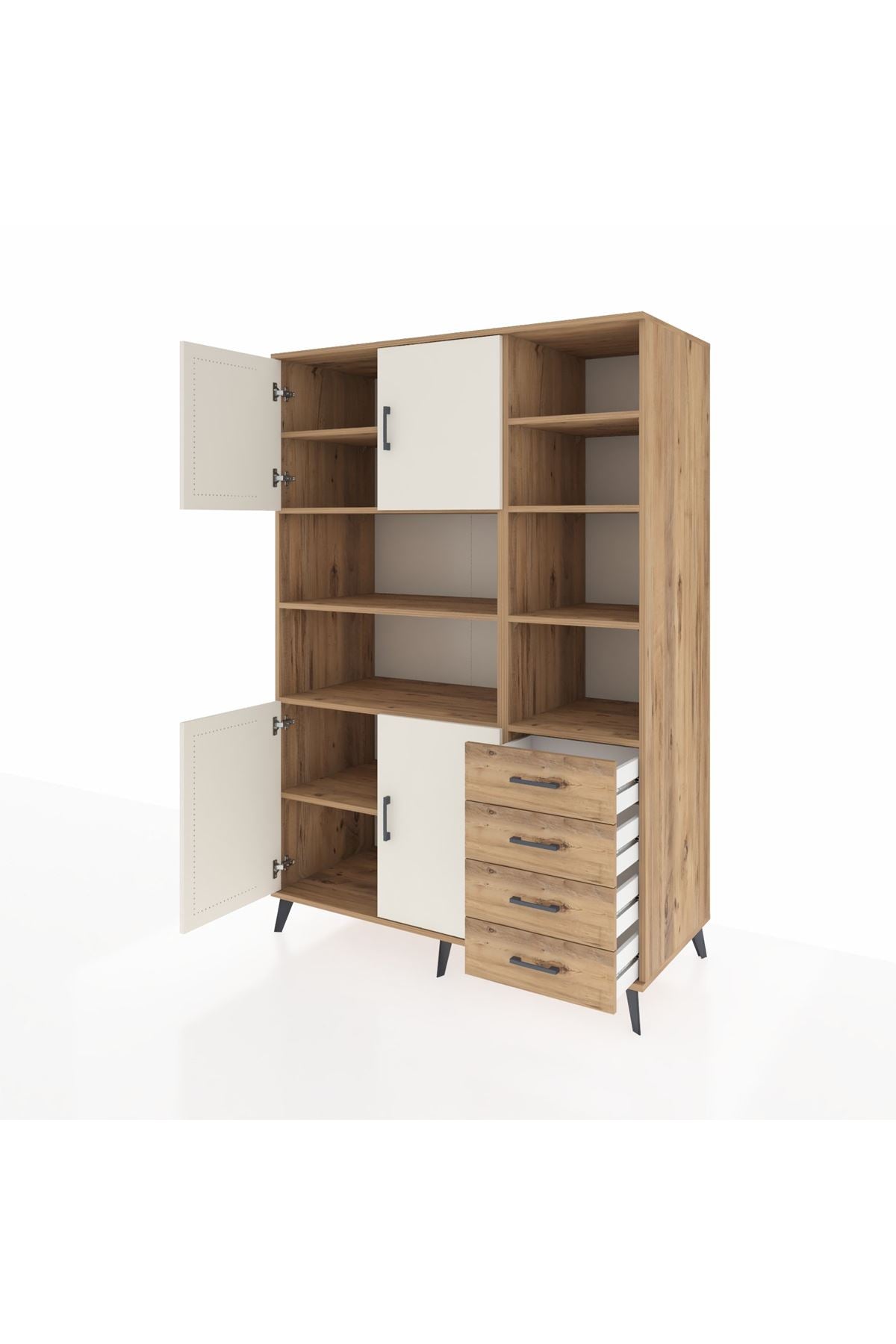 Kronos Dolap 9 Raflı 4 Çekmeceli 4 Kapaklı 132x59x195 Çam-Aytaşı/Çam