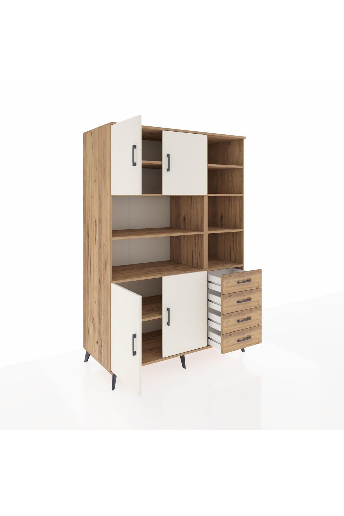 Kronos Dolap 9 Raflı 4 Çekmeceli 4 Kapaklı 132x59x195 Çam-Aytaşı/Çam