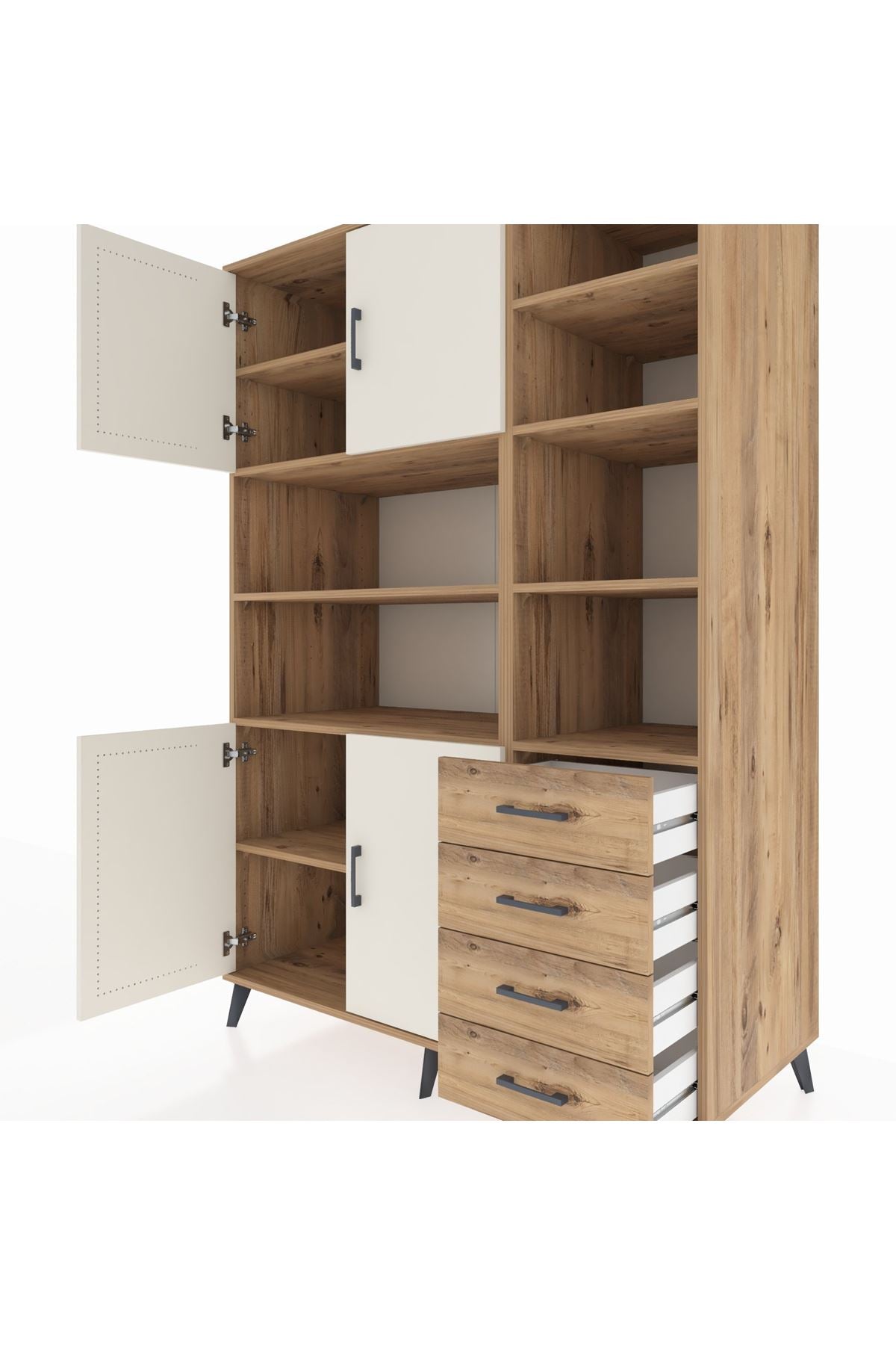 Kronos Dolap 9 Raflı 4 Çekmeceli 4 Kapaklı 132x59x195 Çam-Aytaşı/Çam