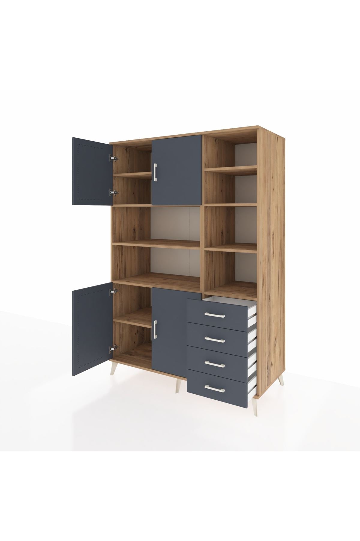 Kronos Dolap 9 Raflı 4 Çekmeceli 4 Kapaklı 132x59x195 Çam-Antrasit/Antrasit