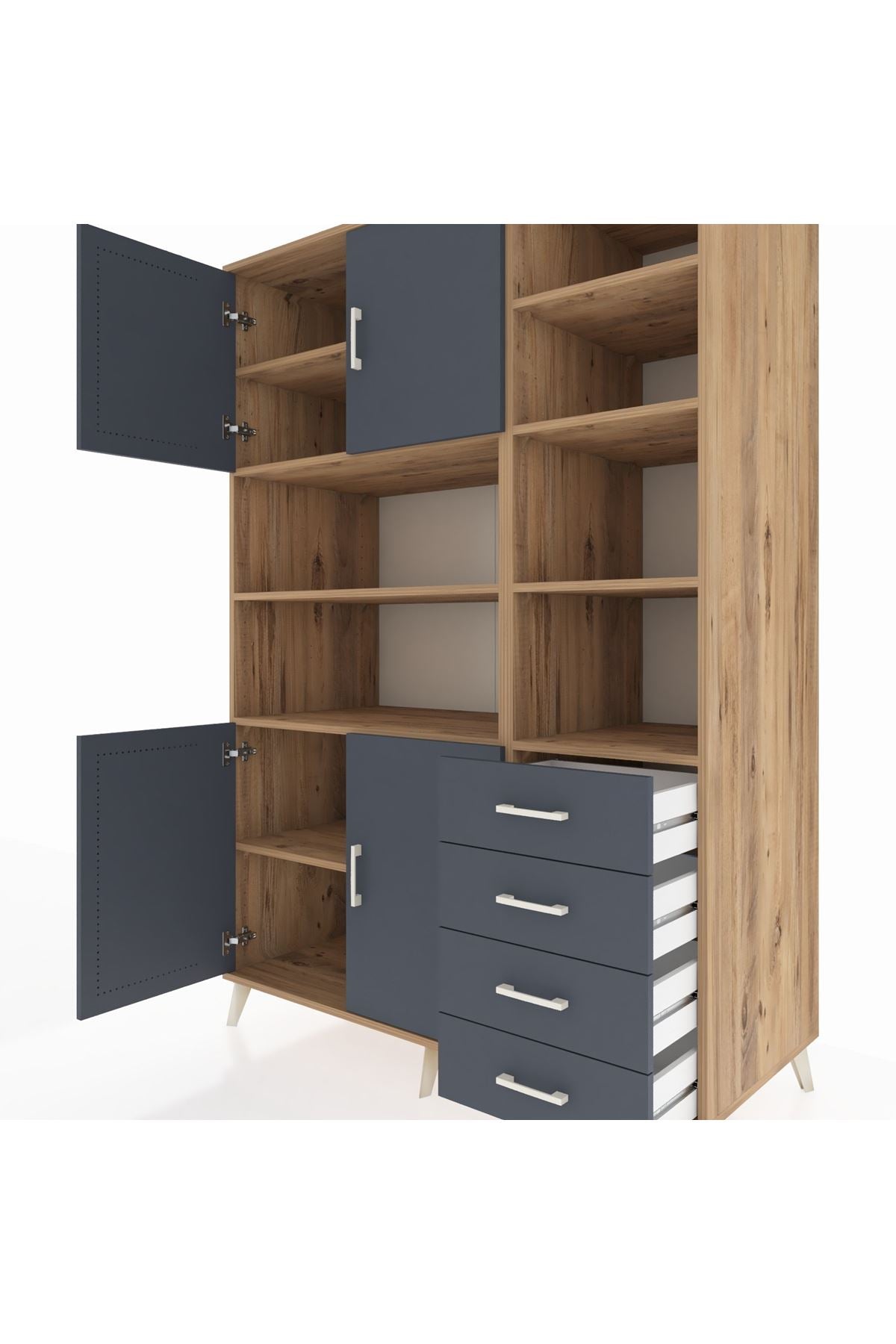 Kronos Dolap 9 Raflı 4 Çekmeceli 4 Kapaklı 132x59x195 Çam-Antrasit/Antrasit