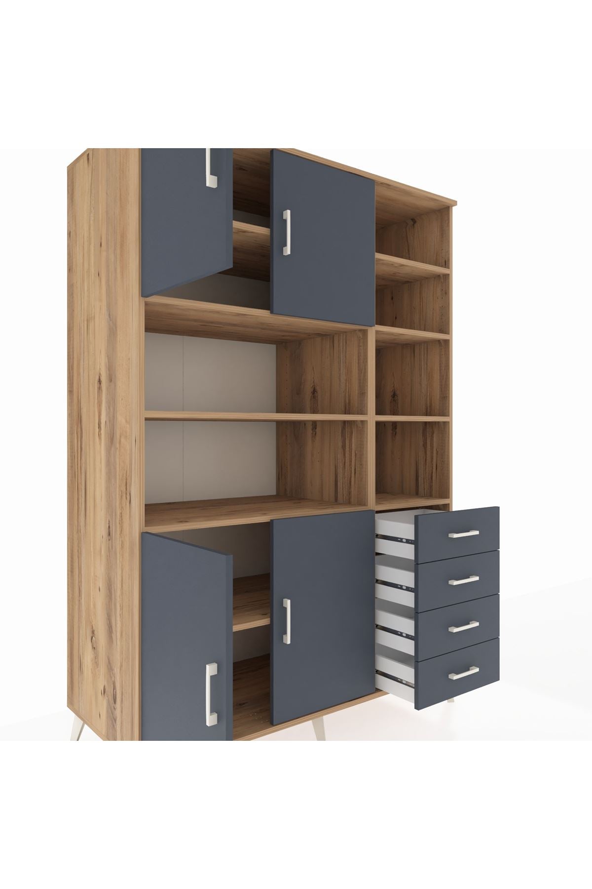 Kronos Dolap 9 Raflı 4 Çekmeceli 4 Kapaklı 132x59x195 Çam-Antrasit/Antrasit