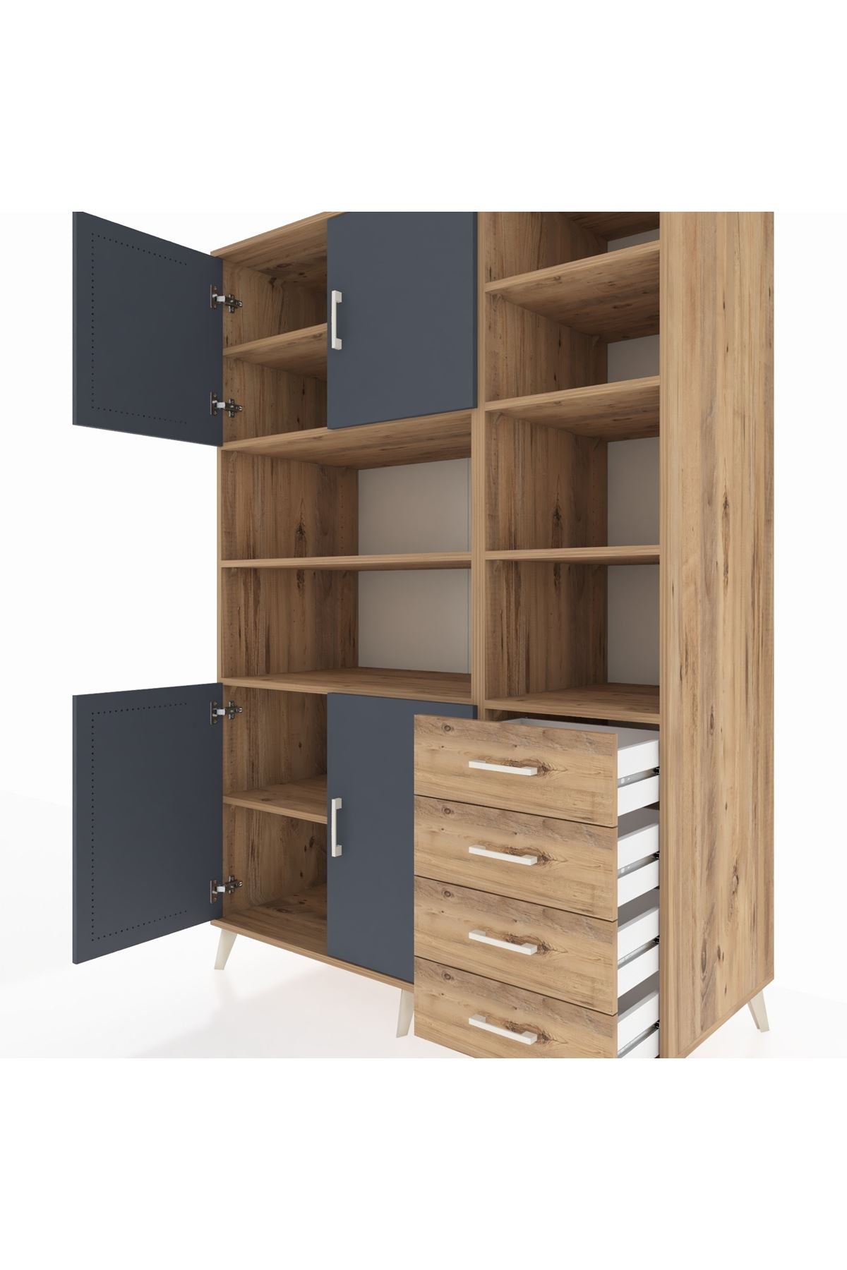 Kronos Dolap 9 Raflı 4 Çekmeceli 4 Kapaklı 132x59x195 Çam-Antrasit/Çam