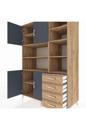 Kronos Dolap 9 Raflı 4 Çekmeceli 4 Kapaklı 132x59x195 Çam-Antrasit/Çam