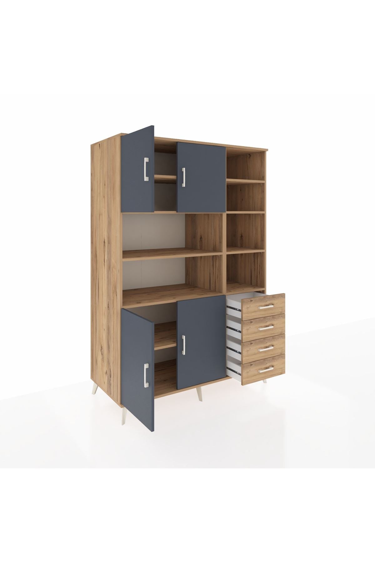 Kronos Dolap 9 Raflı 4 Çekmeceli 4 Kapaklı 132x59x195 Çam-Antrasit/Çam