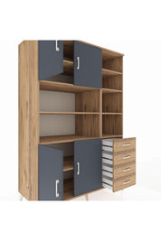 Kronos Dolap 9 Raflı 4 Çekmeceli 4 Kapaklı 132x59x195 Çam-Antrasit/Çam