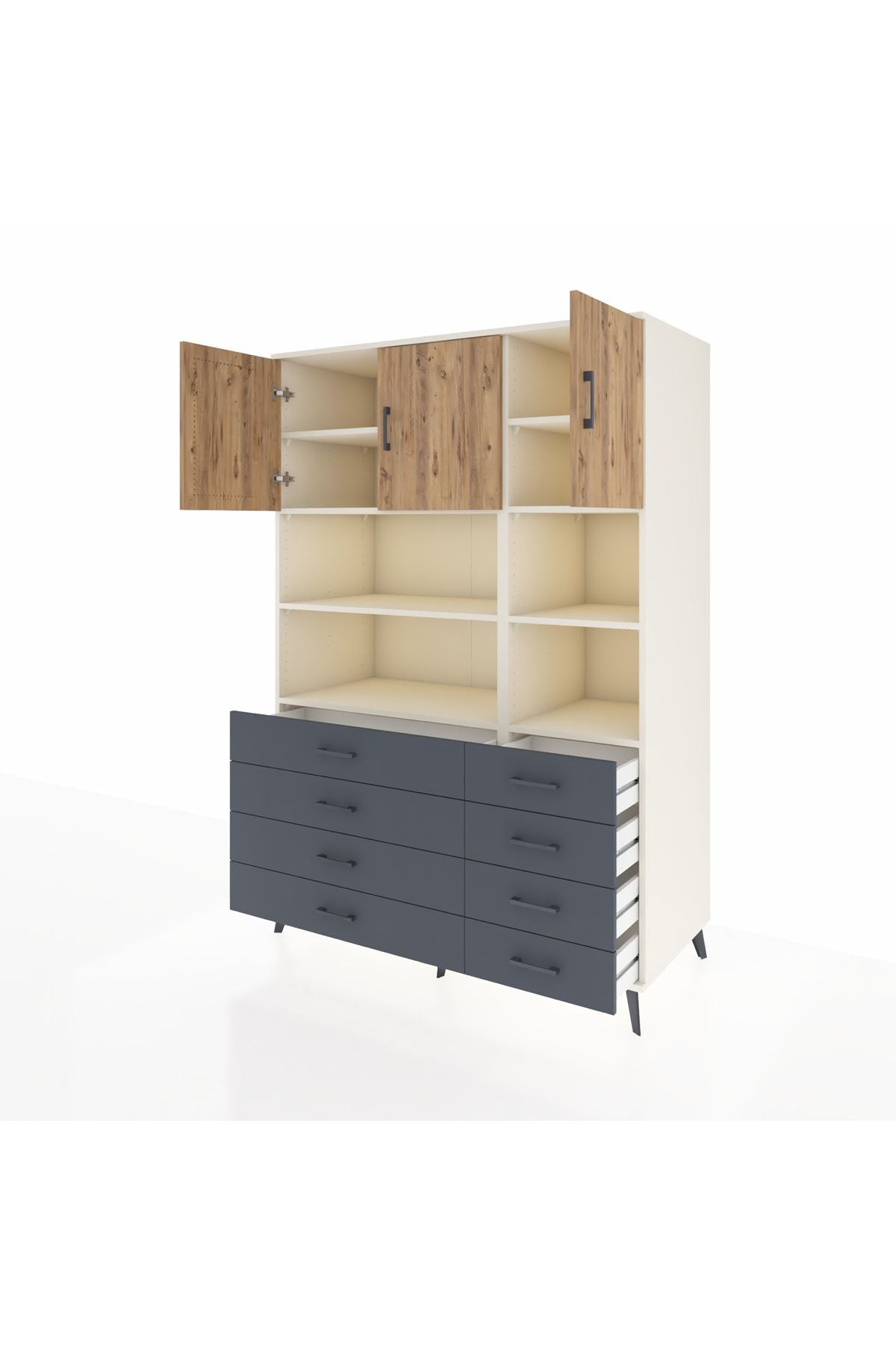 Kronos Dolap 8 Raflı 8 Çekmeceli 3 Kapaklı 132x59x195 Aytaşı-Çam/Antrasit