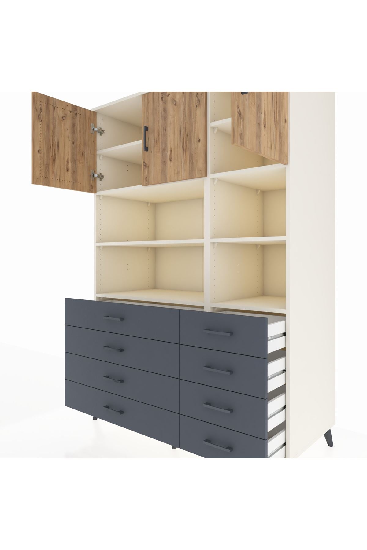 Kronos Dolap 8 Raflı 8 Çekmeceli 3 Kapaklı 132x59x195 Aytaşı-Çam/Antrasit