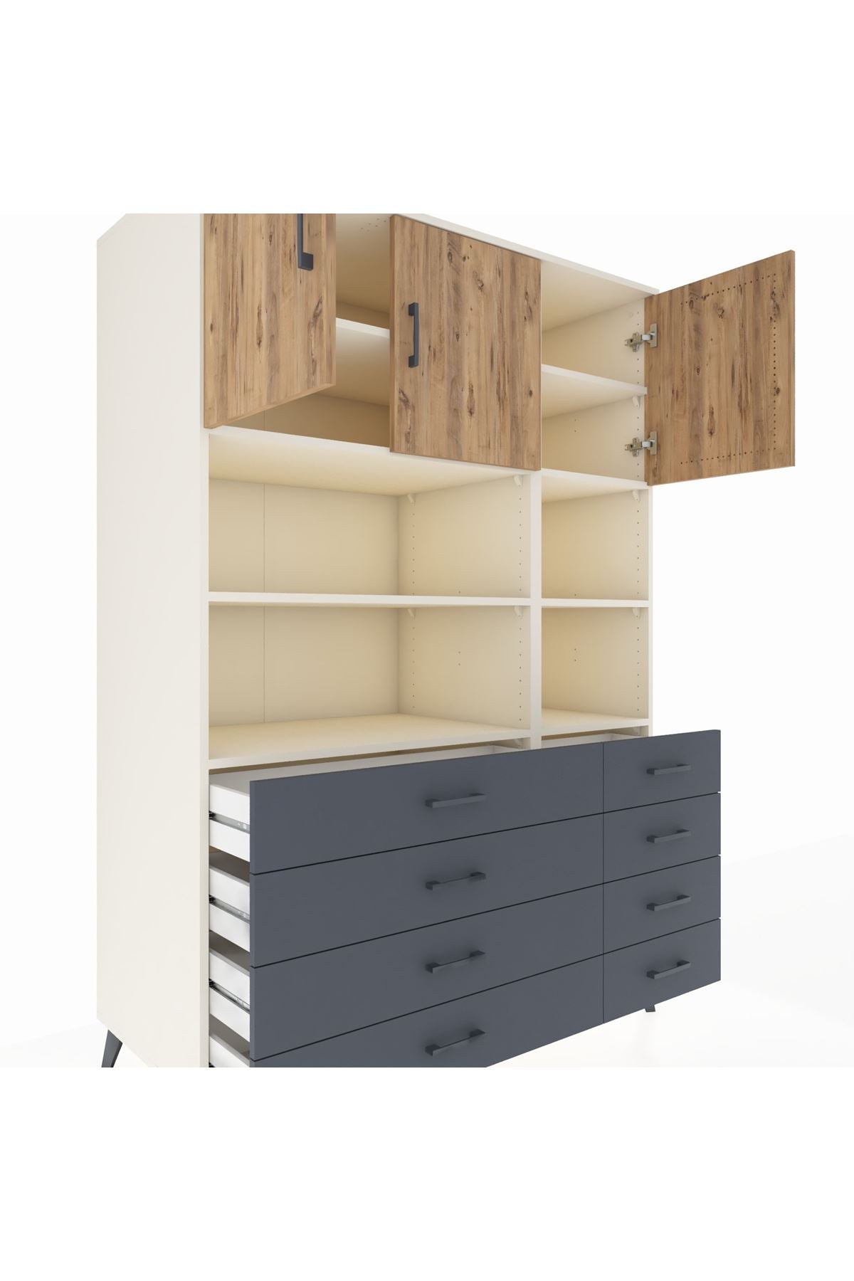 Kronos Dolap 8 Raflı 8 Çekmeceli 3 Kapaklı 132x59x195 Aytaşı-Çam/Antrasit