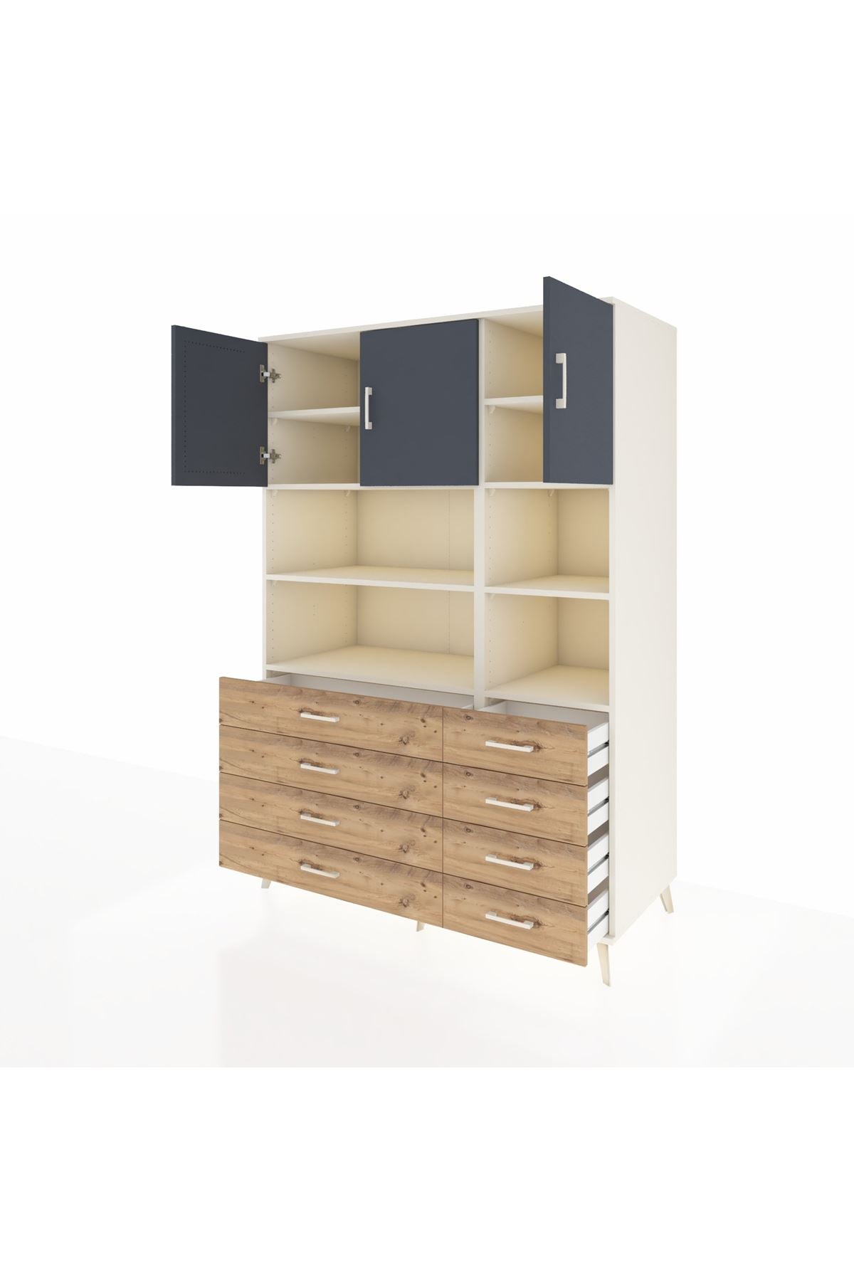 Kronos Dolap 8 Raflı 8 Çekmeceli 3 Kapaklı 132x59x195 Aytaşı-Antrasit/Çam