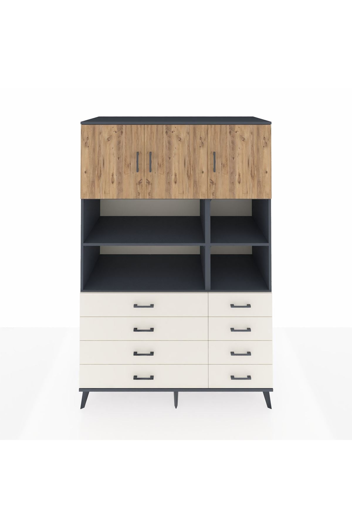 Kronos Dolap 8 Raflı 8 Çekmeceli 3 Kapaklı 132x59x195 Antrasit-Çam/Aytaşı