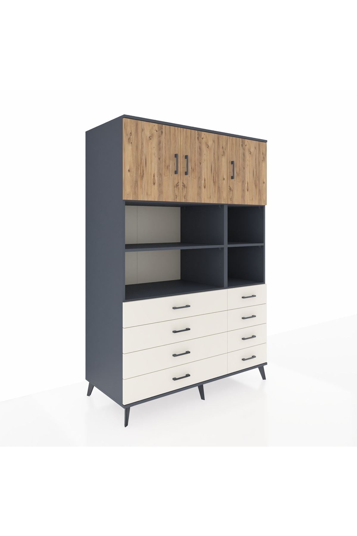 Kronos Dolap 8 Raflı 8 Çekmeceli 3 Kapaklı 132x59x195 Antrasit-Çam/Aytaşı