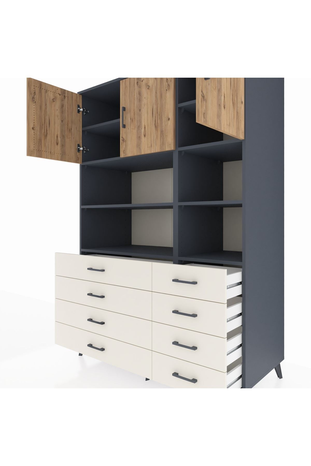 Kronos Dolap 8 Raflı 8 Çekmeceli 3 Kapaklı 132x59x195 Antrasit-Çam/Aytaşı
