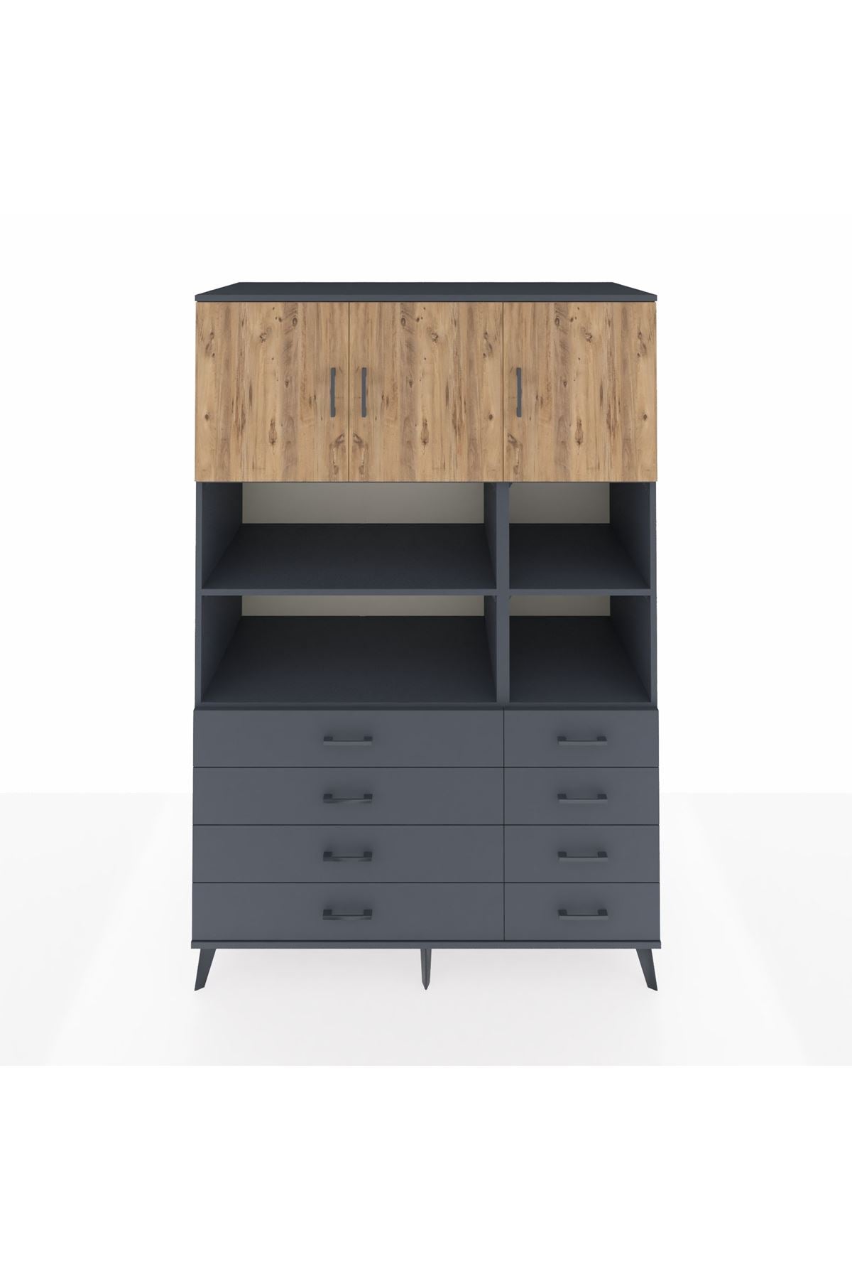 Kronos Dolap 8 Raflı 8 Çekmeceli 3 Kapaklı 132x59x195 Antrasit-Çam/Antrasit
