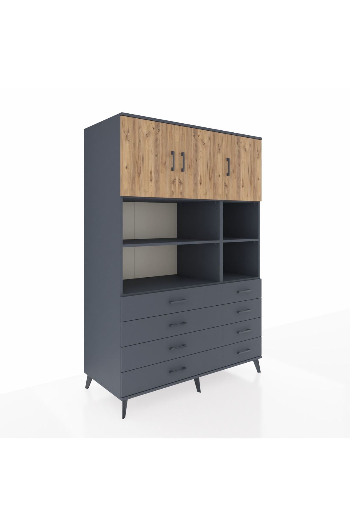 Kronos Dolap 8 Raflı 8 Çekmeceli 3 Kapaklı 132x59x195 Antrasit-Çam/Antrasit