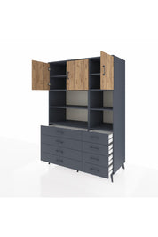 Kronos Dolap 8 Raflı 8 Çekmeceli 3 Kapaklı 132x59x195 Antrasit-Çam/Antrasit