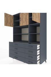 Kronos Dolap 8 Raflı 8 Çekmeceli 3 Kapaklı 132x59x195 Antrasit-Çam/Antrasit