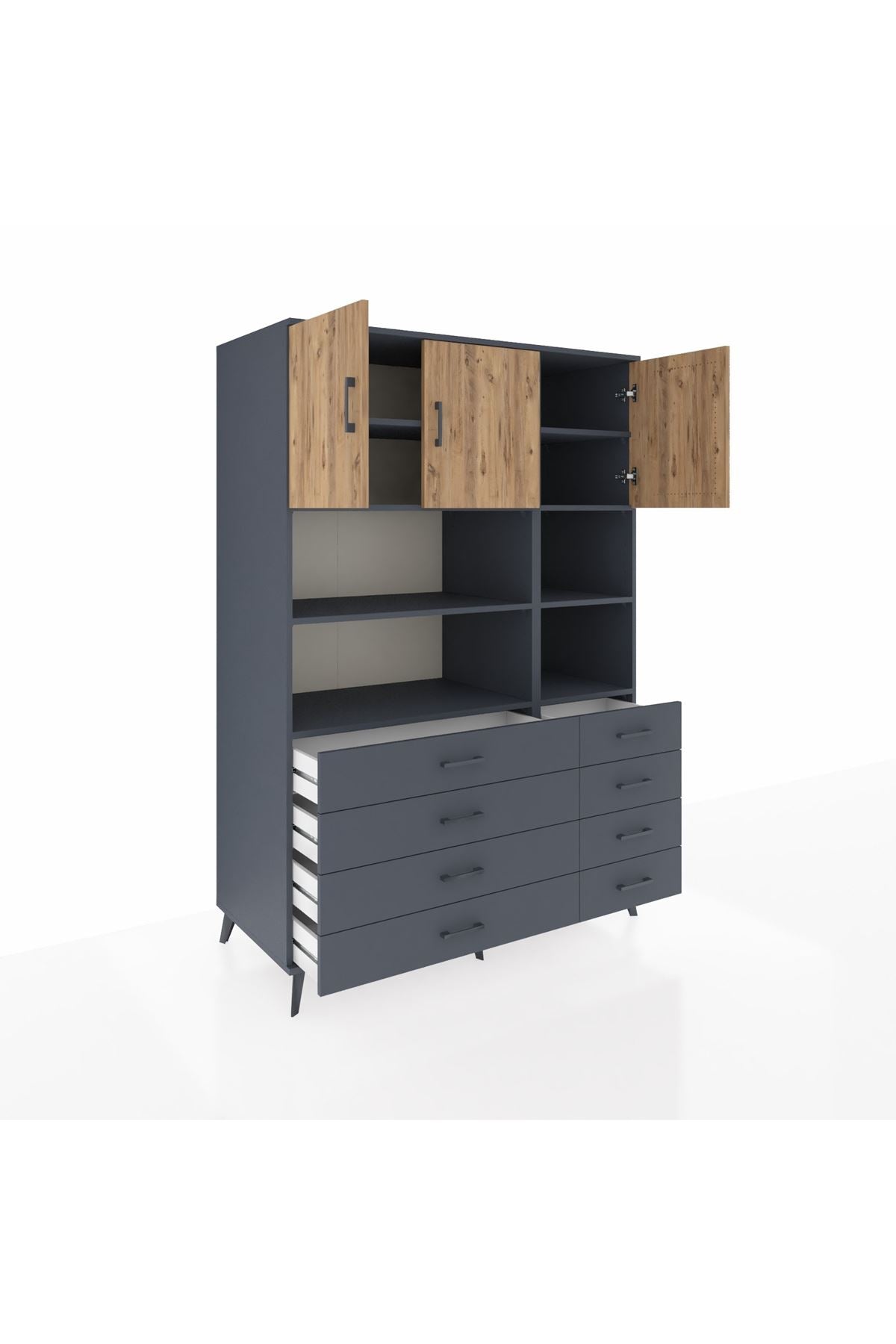Kronos Dolap 8 Raflı 8 Çekmeceli 3 Kapaklı 132x59x195 Antrasit-Çam/Antrasit