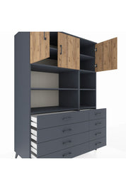 Kronos Dolap 8 Raflı 8 Çekmeceli 3 Kapaklı 132x59x195 Antrasit-Çam/Antrasit