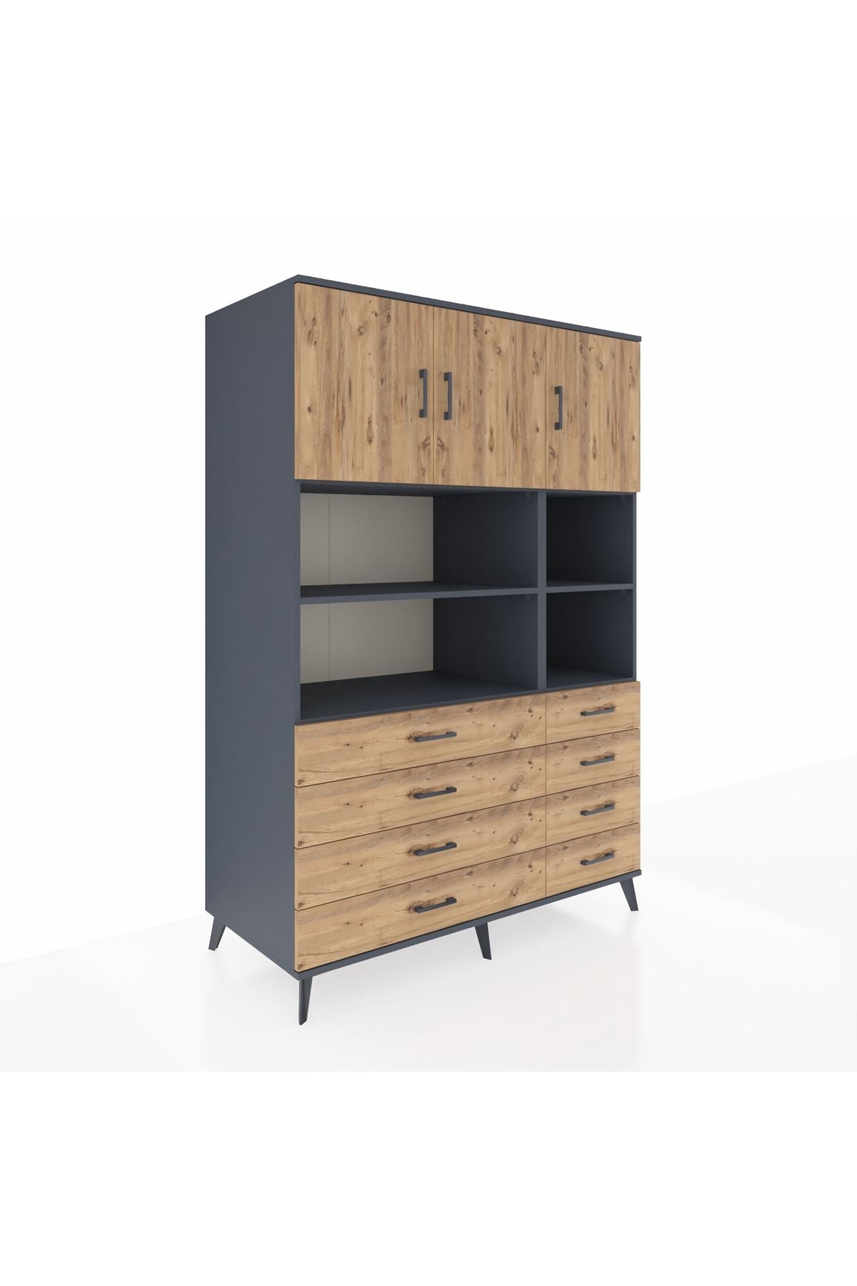 Kronos Dolap 8 Raflı 8 Çekmeceli 3 Kapaklı 132x59x195 Antrasit-Çam/Çam