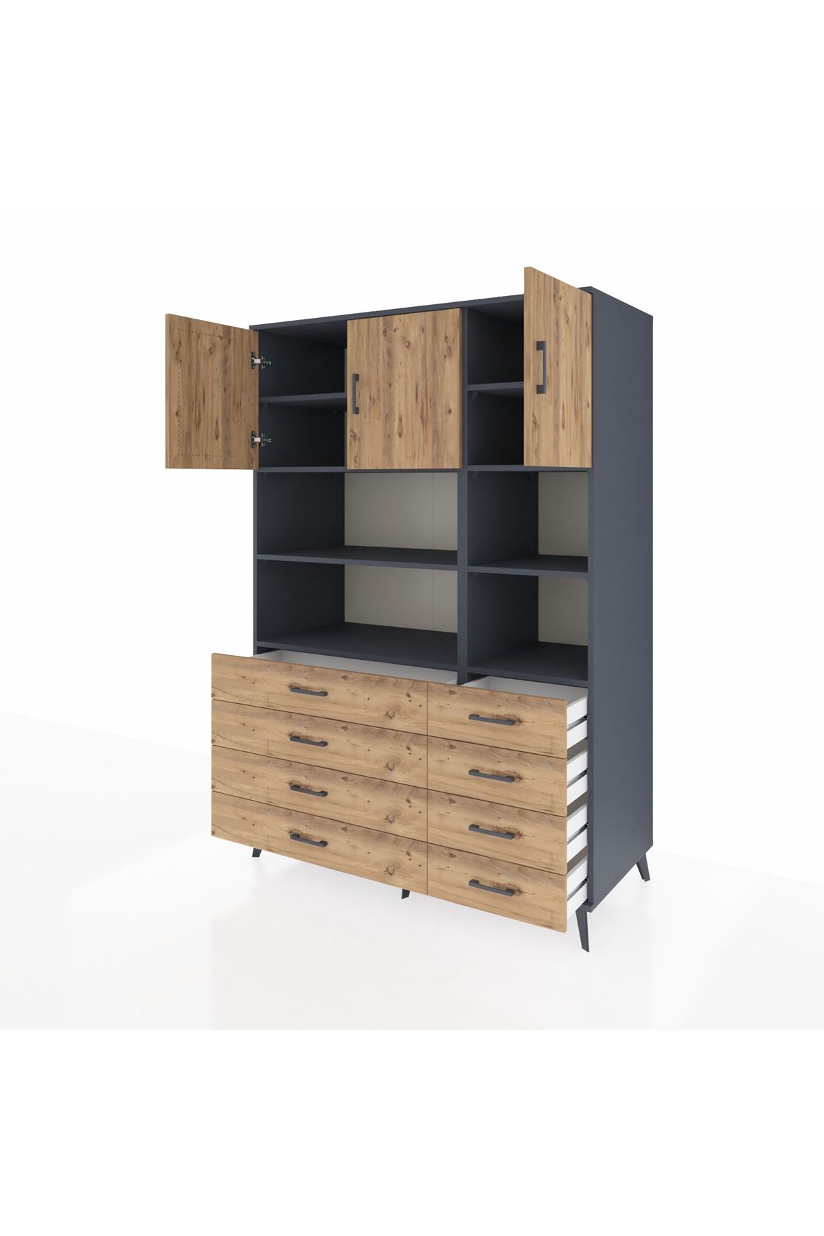 Kronos Dolap 8 Raflı 8 Çekmeceli 3 Kapaklı 132x59x195 Antrasit-Çam/Çam