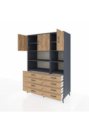Kronos Dolap 8 Raflı 8 Çekmeceli 3 Kapaklı 132x59x195 Antrasit-Çam/Çam