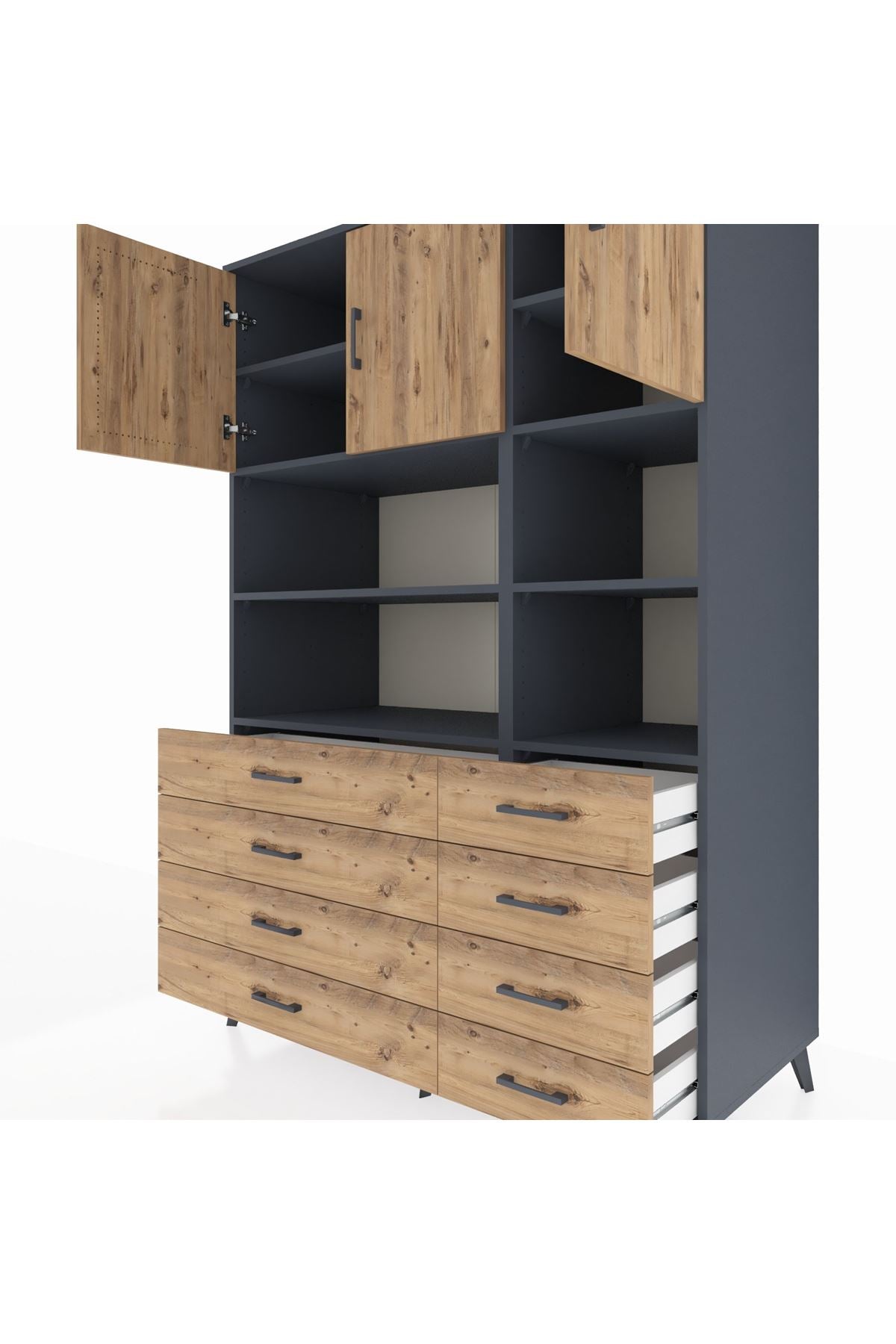 Kronos Dolap 8 Raflı 8 Çekmeceli 3 Kapaklı 132x59x195 Antrasit-Çam/Çam