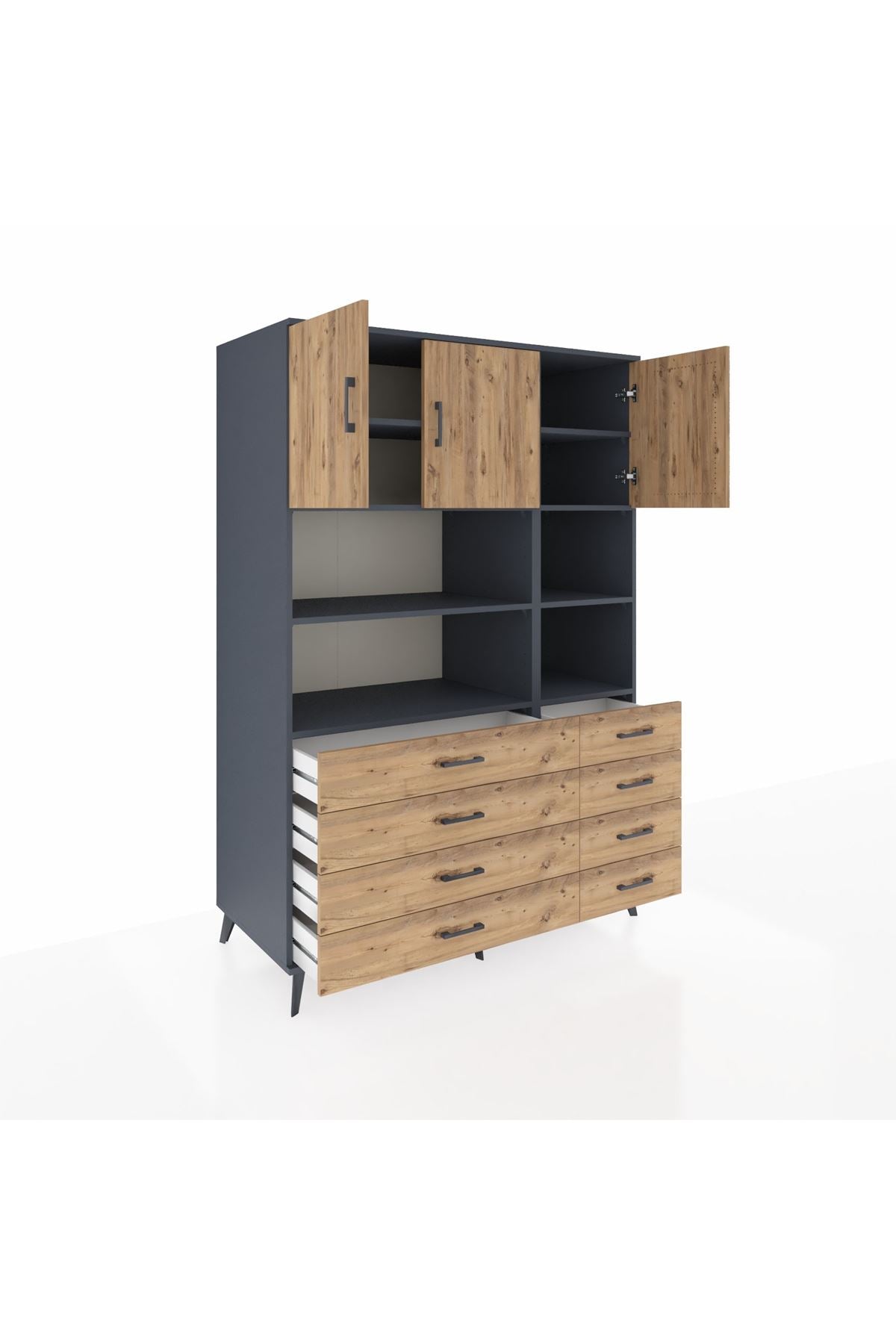 Kronos Dolap 8 Raflı 8 Çekmeceli 3 Kapaklı 132x59x195 Antrasit-Çam/Çam