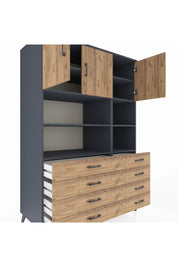 Kronos Dolap 8 Raflı 8 Çekmeceli 3 Kapaklı 132x59x195 Antrasit-Çam/Çam